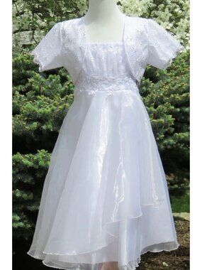 First Communion Dress Size 10 Girl Flower Bolero Jacket White Organza Tulle 2 Pc